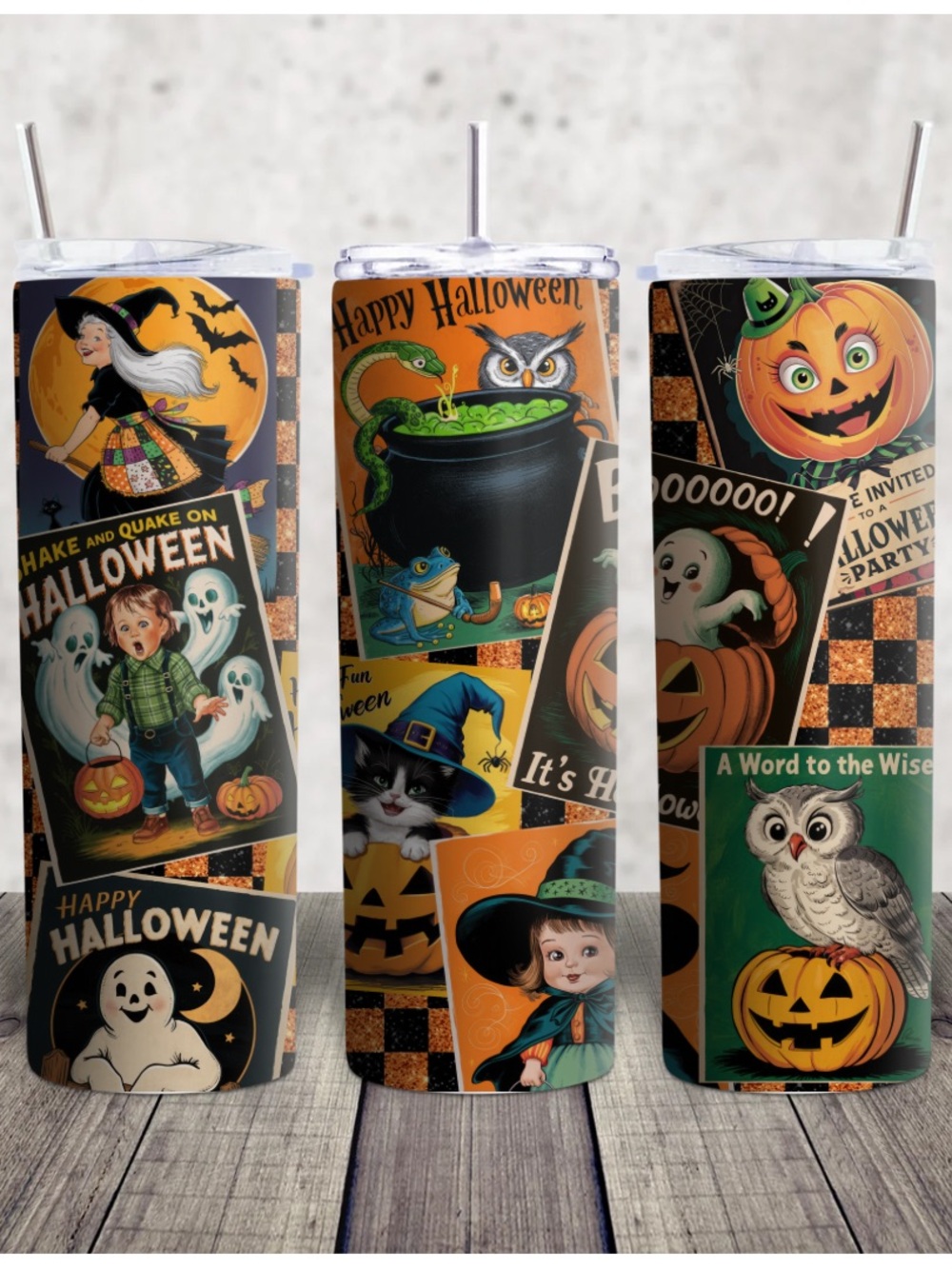 Hand Crafted Orange & Black Halloween Vintage Inspired Collage Tumbler